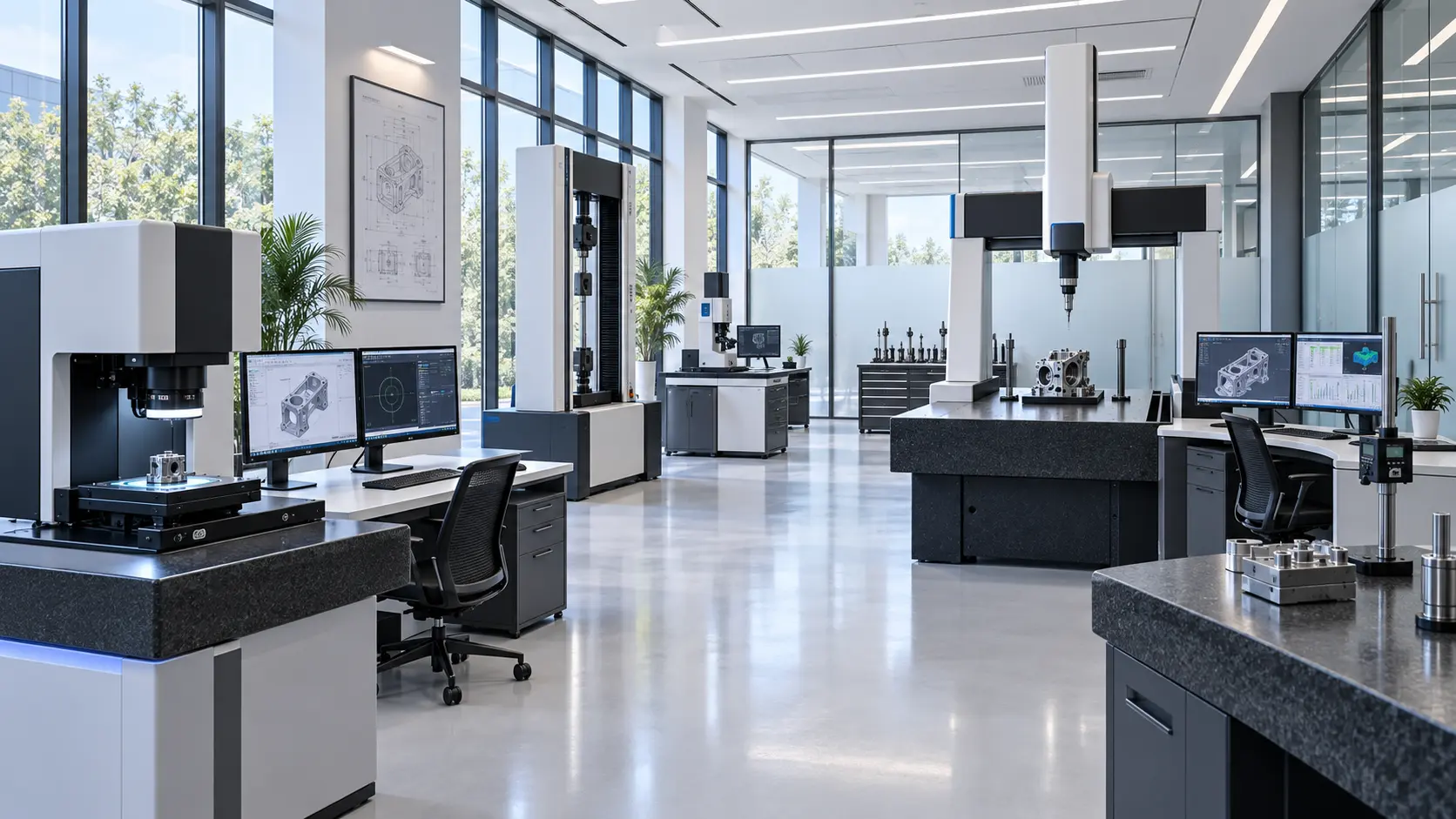 Precision inspection laboratory with coordinate measuring and optical measurement equipment