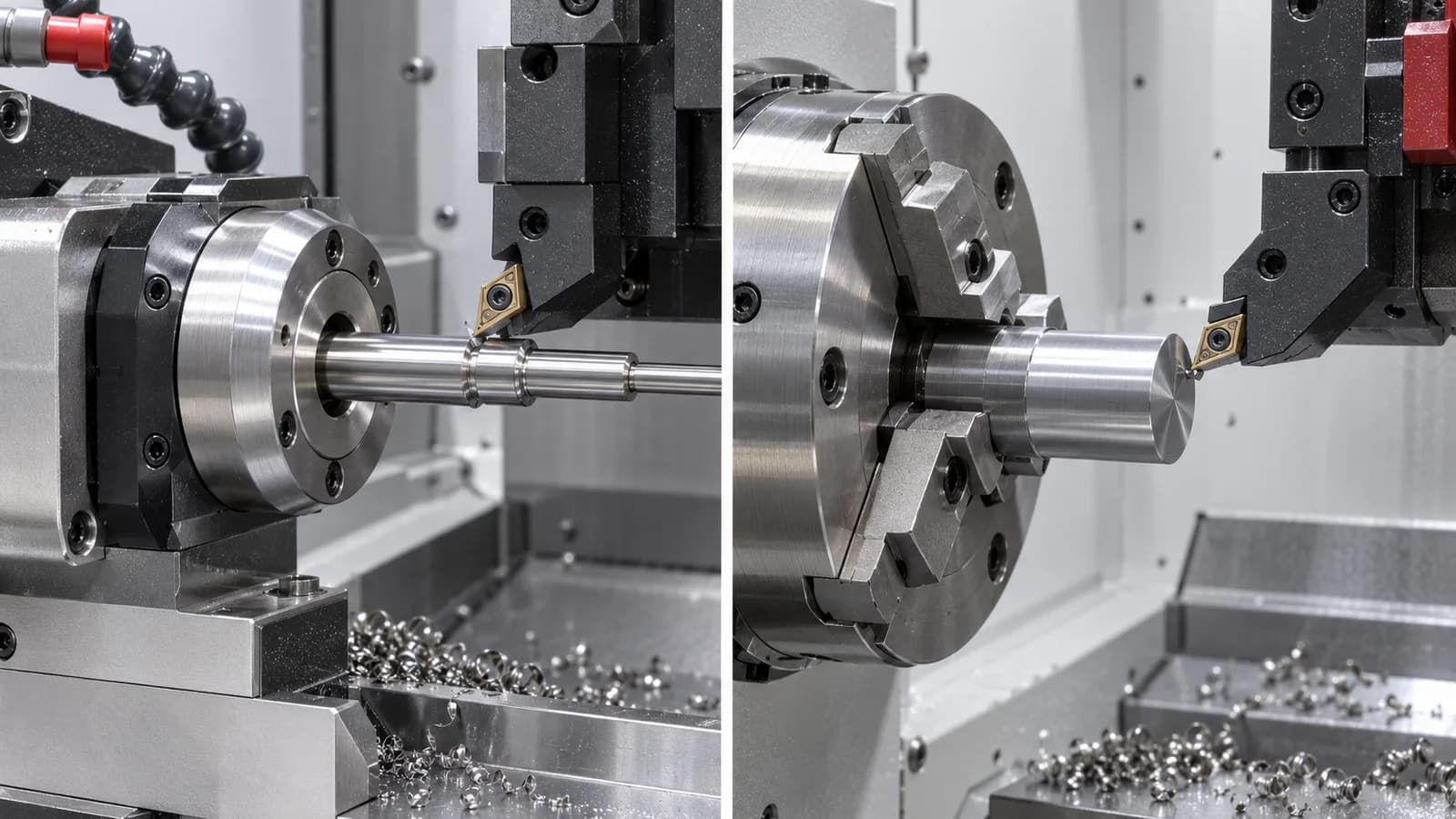 Process comparison showing Swiss-type guide-bushing turning beside conventional fixed-head CNC turning