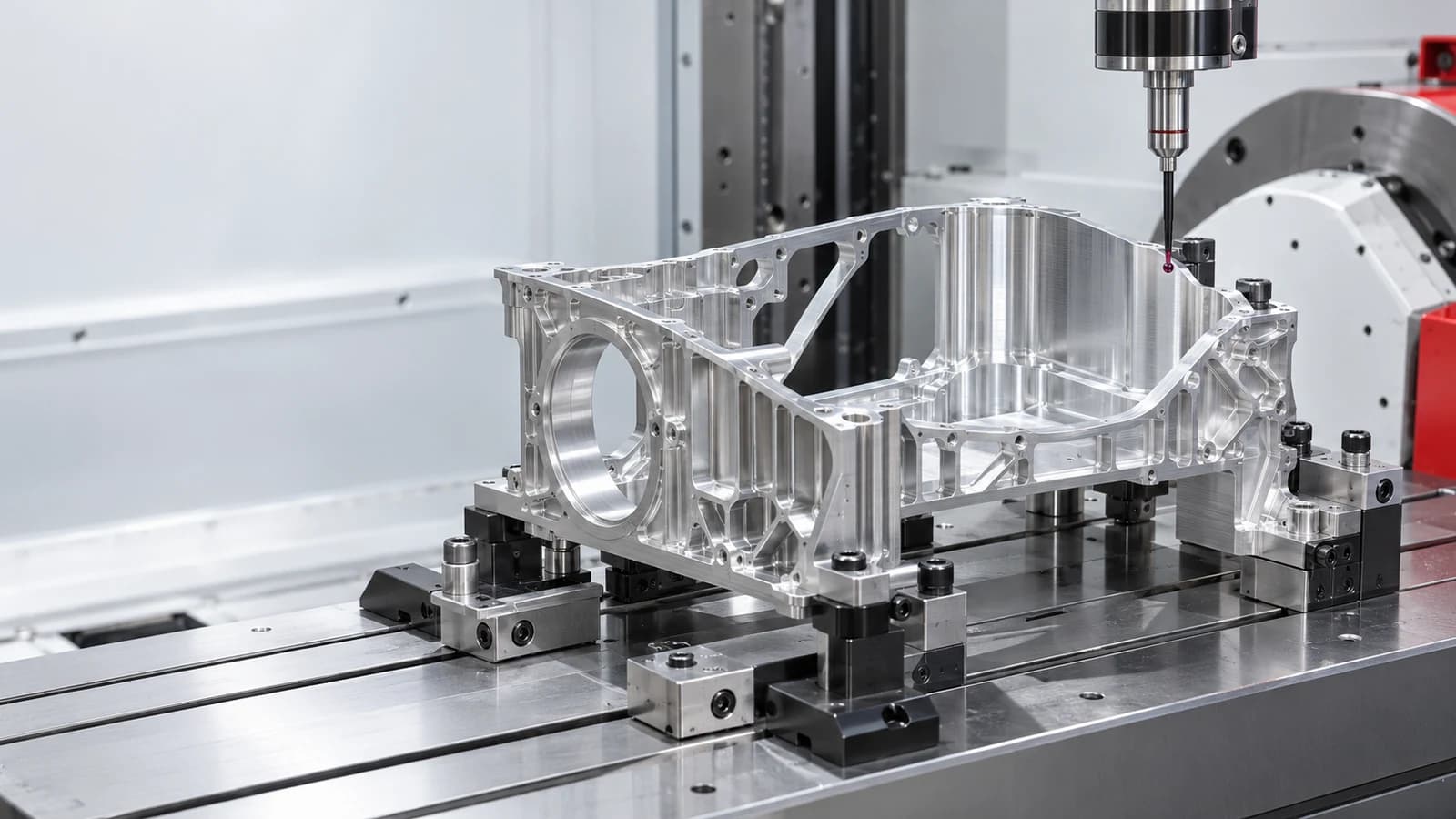 Thin-wall CNC machined aluminum housing supported for precision milling and dimensional inspection