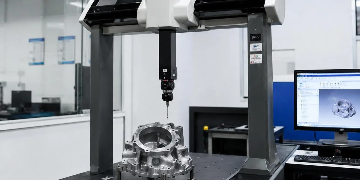 Coordinate measuring machine inspecting a precision machined housing