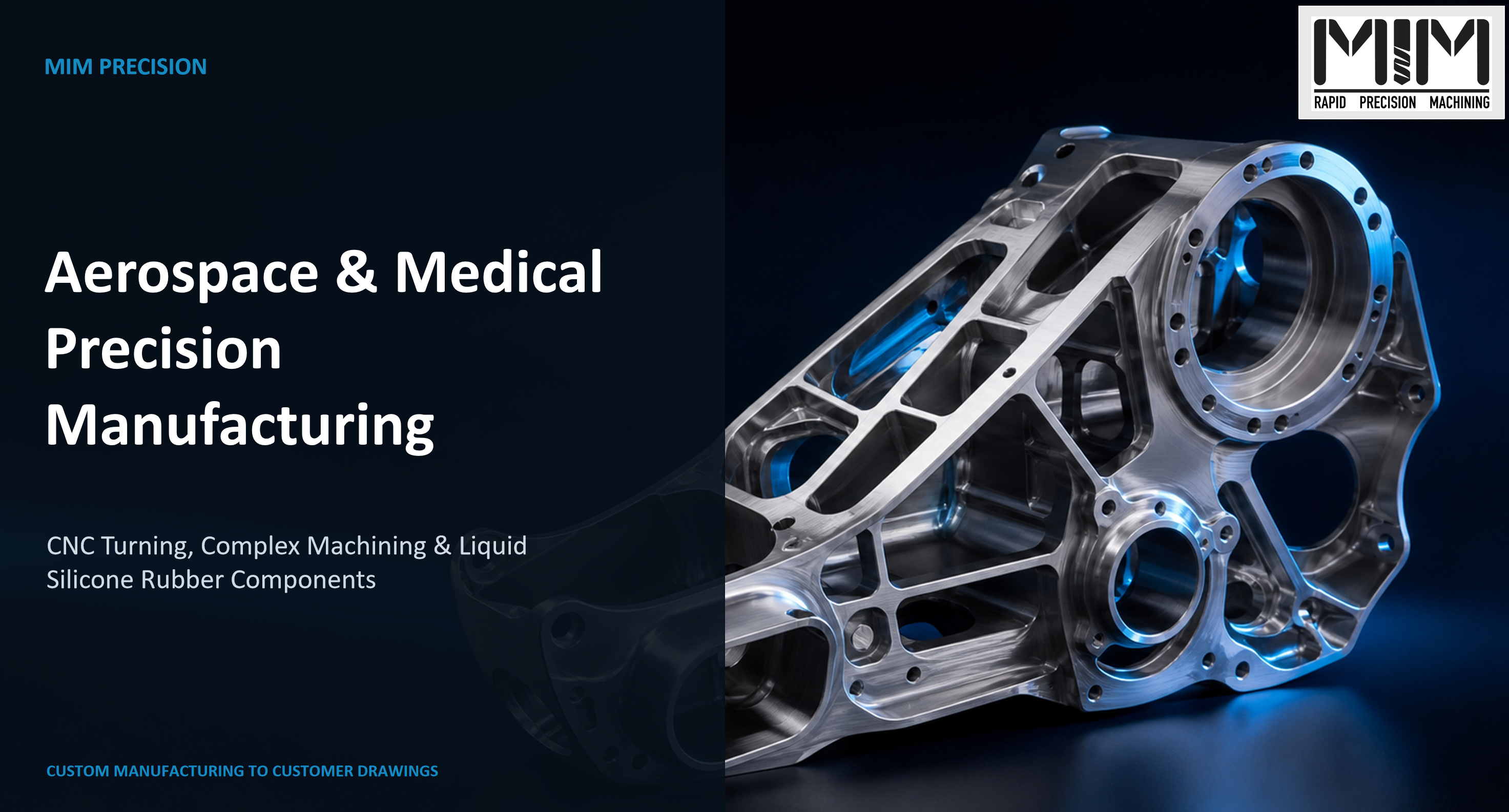 MIM Precision aerospace and medical precision manufacturing banner featuring a CNC machined component