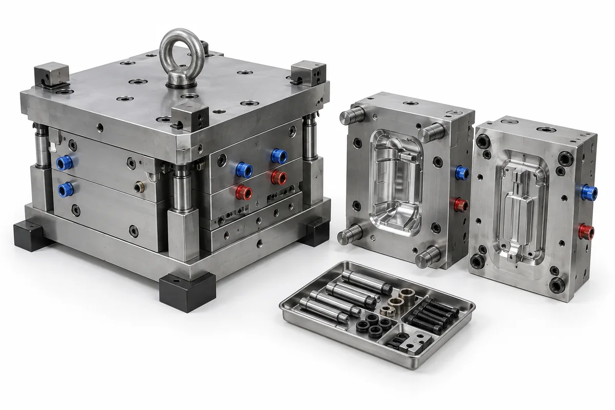 Export injection mold assembly with polished cavity inserts, cooling fittings and spare components