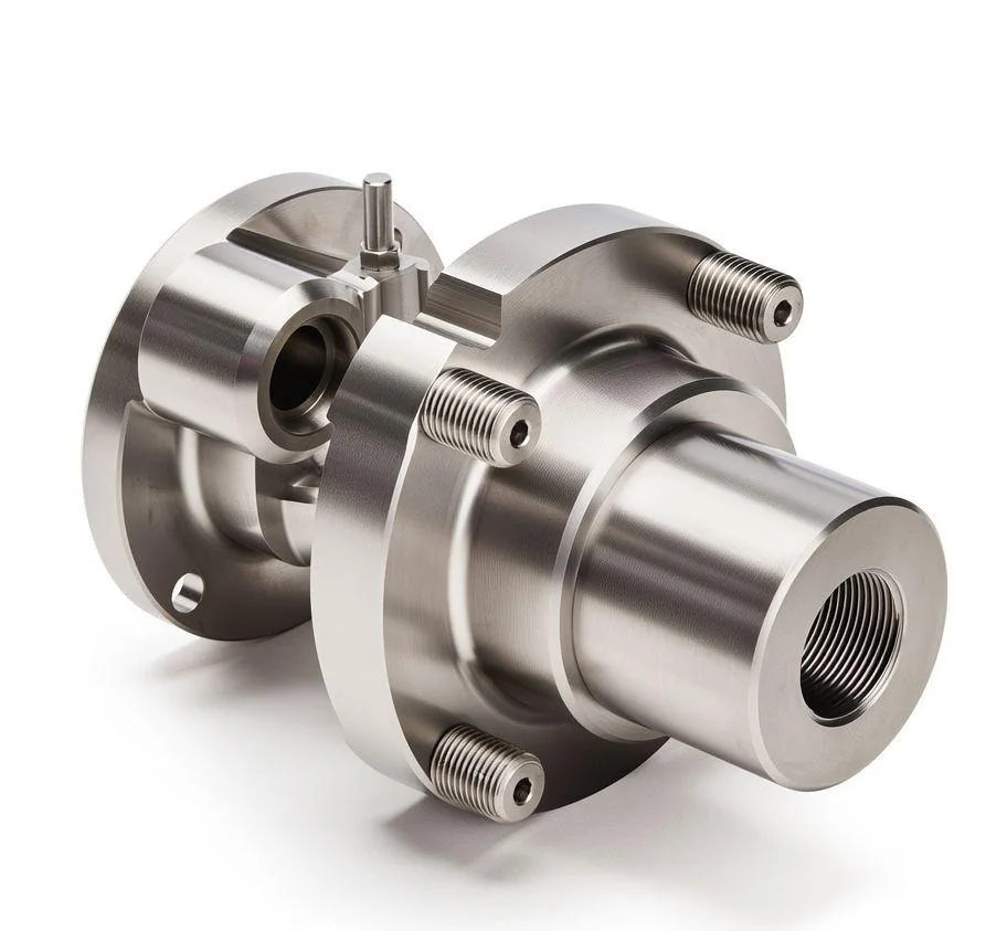 Precision CNC machined metal flange assembly with internal and external threaded features