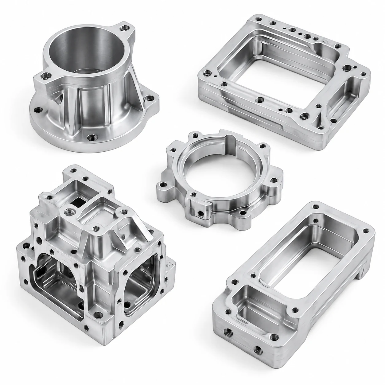 Precision five-axis CNC machined aluminum housings with milled pockets, bores and mounting holes